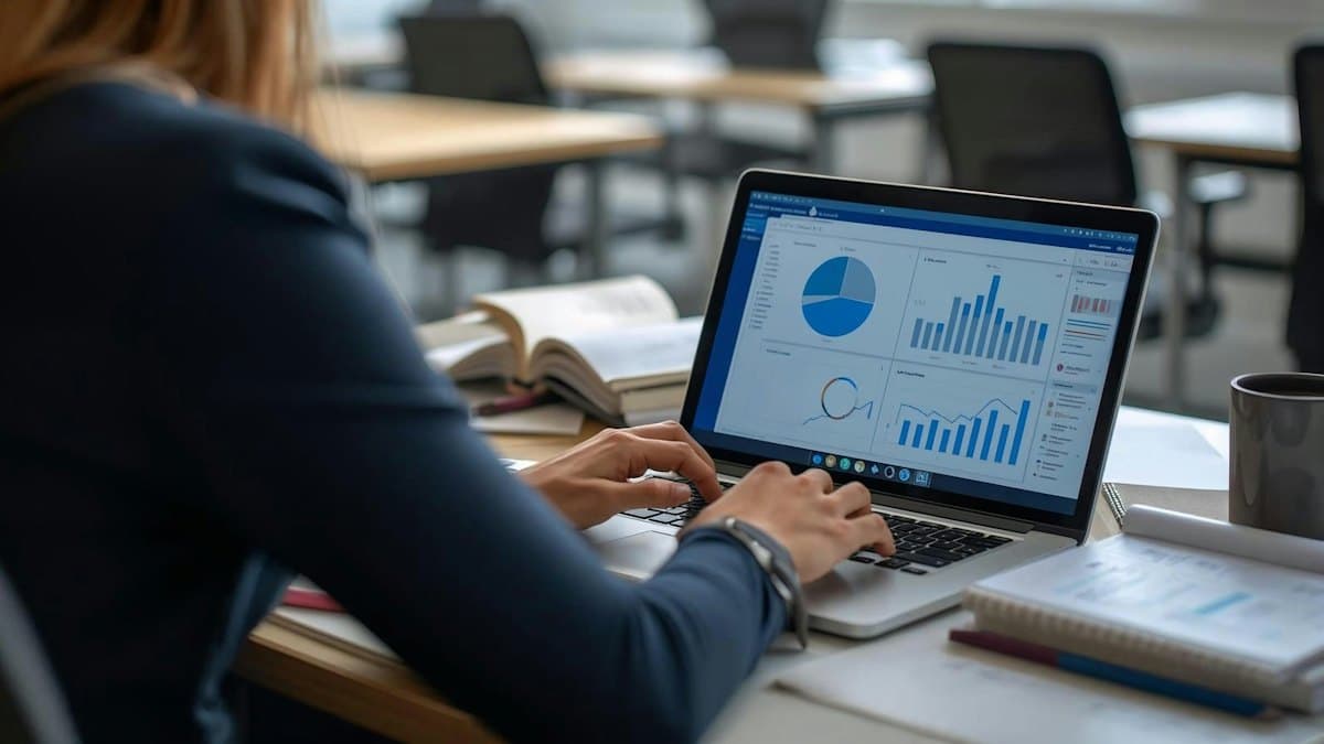 Dizüstü bilgisayarda grafik ve raporları inceleyen bir çalışan